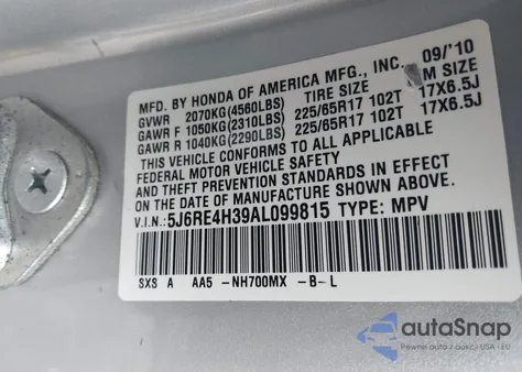 2010 Honda Cr-V Lx z USA, uszkodzony, nr VIN 5J6RE4H39AL099815